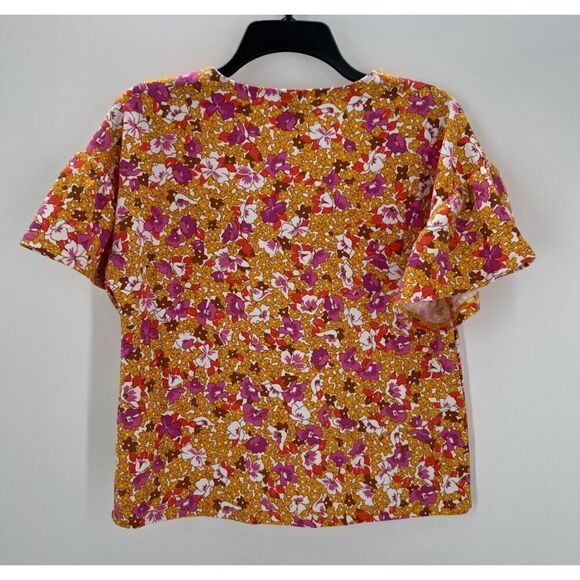 Ann Taylor XS Floral V-Neck Blouse Retro Short Sleeve Yellow Pink New - Picture 7 of 8